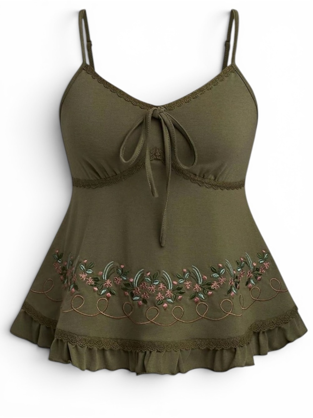 Olive Green Floral Embroidered Cami Top